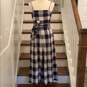 J. Crew Navy and White Linen Gingham Romper